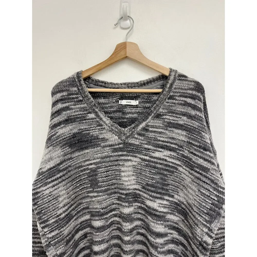 Vince Wool-Silk Oversized Drop-Shoulder V-Neck Space-Dye Knit Cozy Sweater - Med